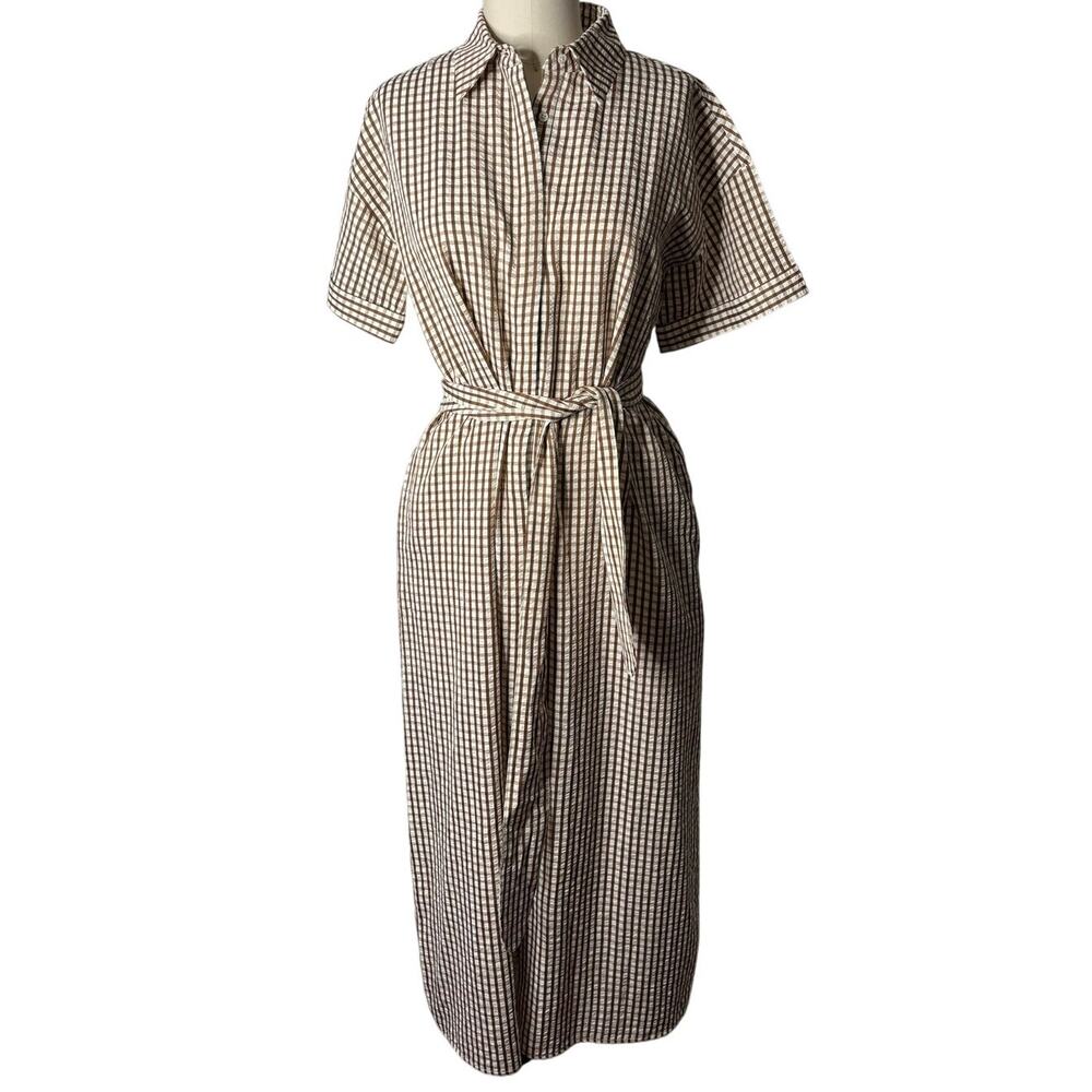 Pomander Place Brown Gingham Seersucker Zacara Midi Shirt Dress XS